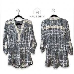 Romeo & Juliet Couture Black and White Printed Romper with Crochet Trim